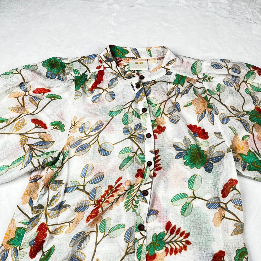 Maeve Anthropologie Floral Puff Sleeve Button Down Blouse White Multi Size 4